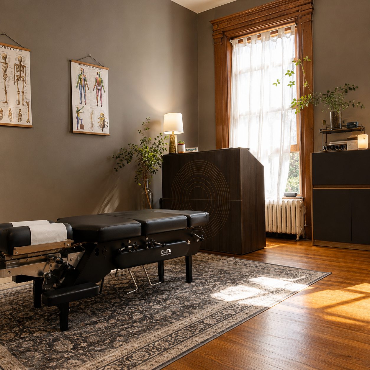 Care room at Sandy Hill Wellness with a chiropractic table, anatomy charts and natural light