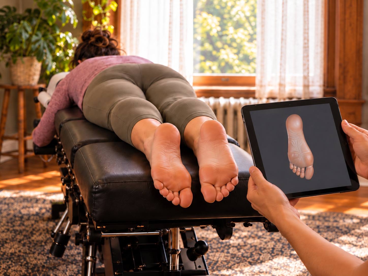 A 3D foot scan being reviewed on a tablet during an orthotic assessment